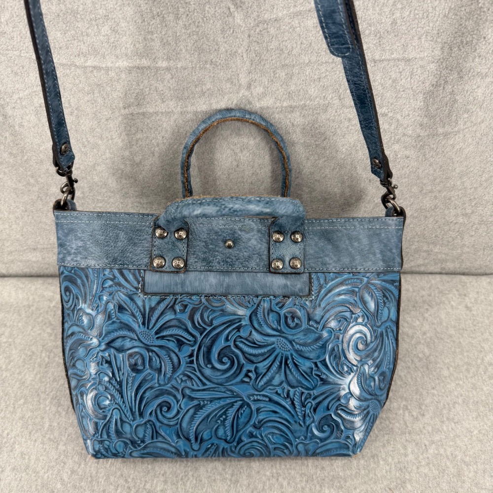 Patricia Nash Blue Tooling Leather Tote Crossbody Bag Floral Embossed Satchel - Picture 4 of 13